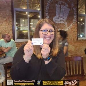 Music Bingo in Wyomissing PA at Sly Fox Taphouse, Mungo Music Bingo Winner at Sly Fox Taphouse in Wyomissing